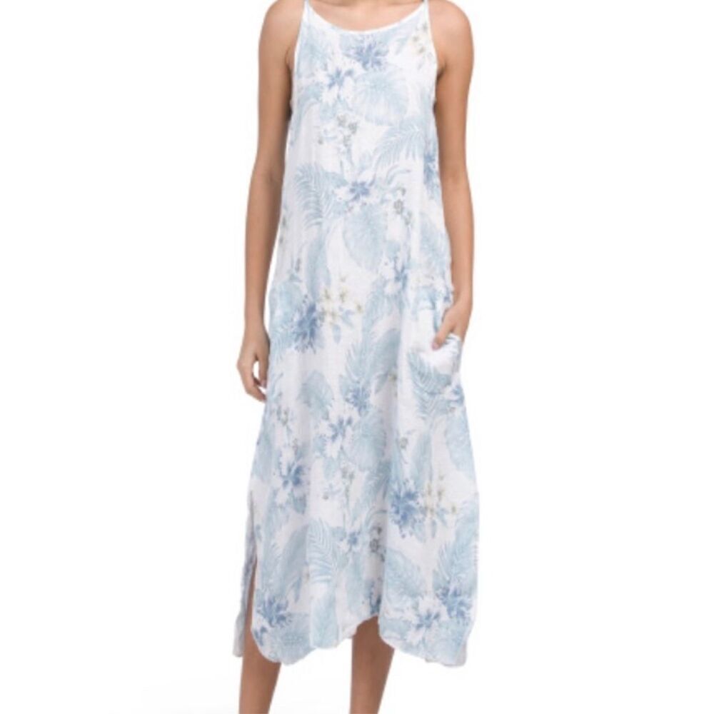 Lungo L'arno sleeveless linen midi dress blue white floral print size Small